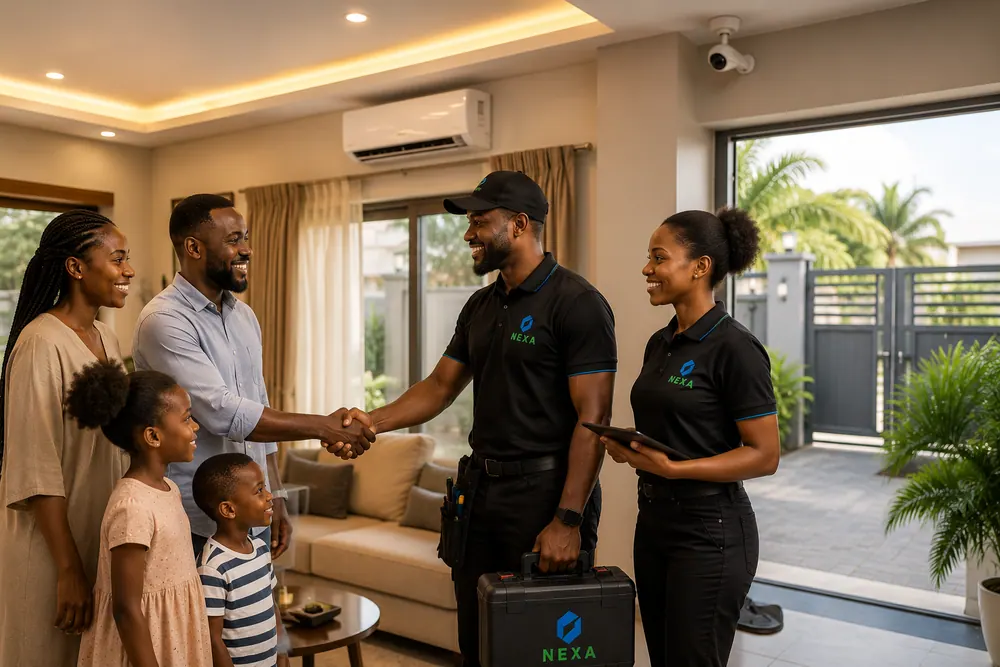 Famille heureuse bénéficiant des services techniques NEXA à Douala